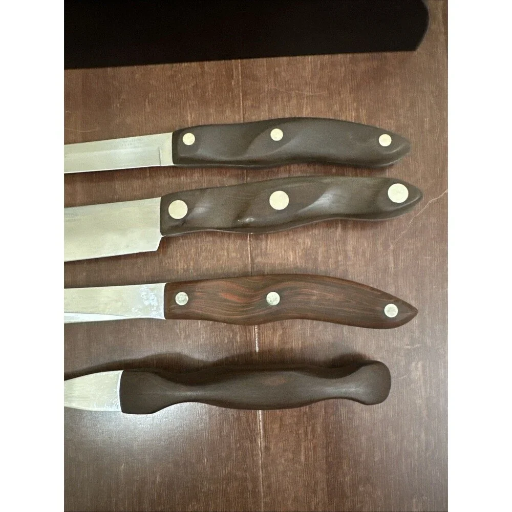 Vtg 4 Pc CUTCO Knife Set 22, 23, 24, 27 Brown Handles With Knife Holder READ